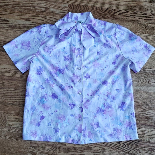 (L) D'Allaird's Vintage Made In Canada Floral Pastel Tie Neck Blouse Colorful