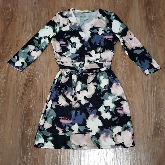 (S) DEX V Neck Floral Fit & Flare Watercolor Tie Waist Casual Comfy Classy