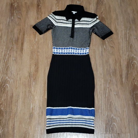 (S) Guess Los Angeles Striped Bodycon Fitted Ribbed Collared Midi Metallic Dress