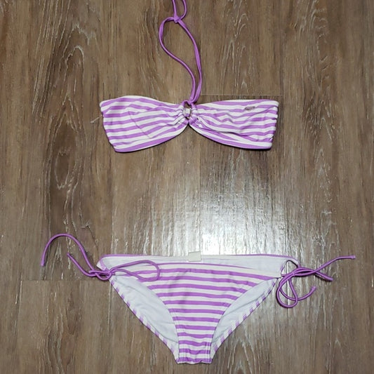 (L) ROXY Striped Nautical Strappy Two Piece Bikini Swimsuit Beach Pool Swimwear