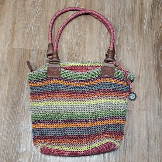 The Sak Rainbow Stripe Zipper Shoulder Bag Tote Beach Casual Bohemian Woven Knit