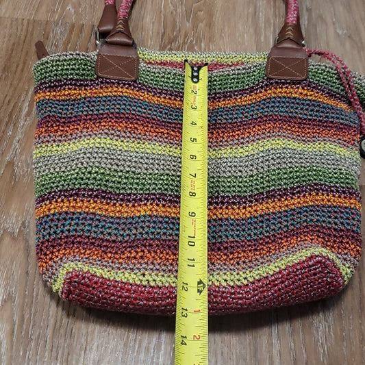 The Sak Rainbow Stripe Zipper Shoulder Bag Tote Beach Casual Bohemian Woven Knit