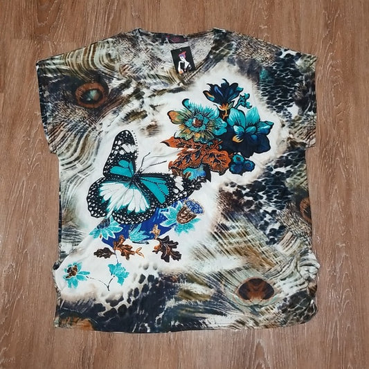 (OS) NWT Mòdel France Floral Art Deco Embellished Bejeweled Loose Fit Top