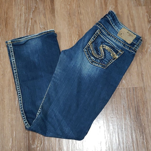 (29W/32L) Silver Jeans Co. Lola 17" Slim Bootcut Slightly Distressed Denim Jeans