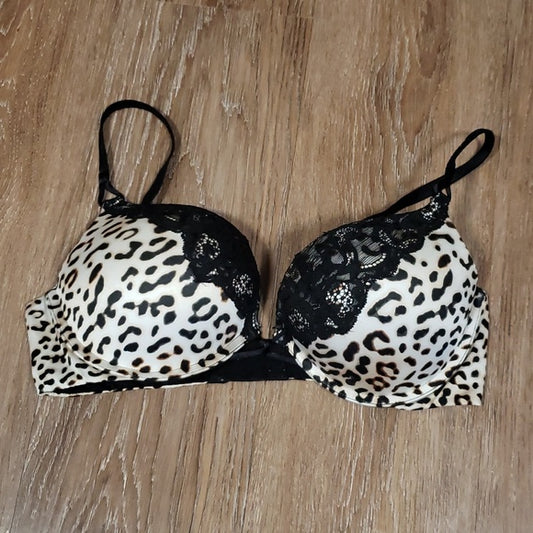 (36C) Victoria's Secret Bombshell Plunge Padded Underwire Leopard Print Lace