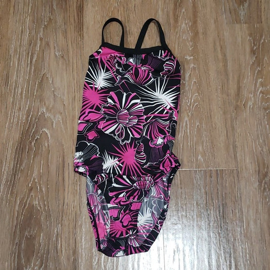 (M) Speedo Endurance + Youth Girl's Floral Print One Piece Swimsuit Cutout