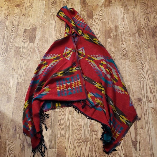 (OS) Fringe Trim Hooded Poncho Assymetrical Hem Bohemian Patterned Cozy Soft