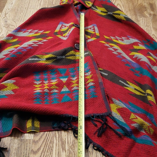 (OS) Fringe Trim Hooded Poncho Assymetrical Hem Bohemian Patterned Cozy Soft