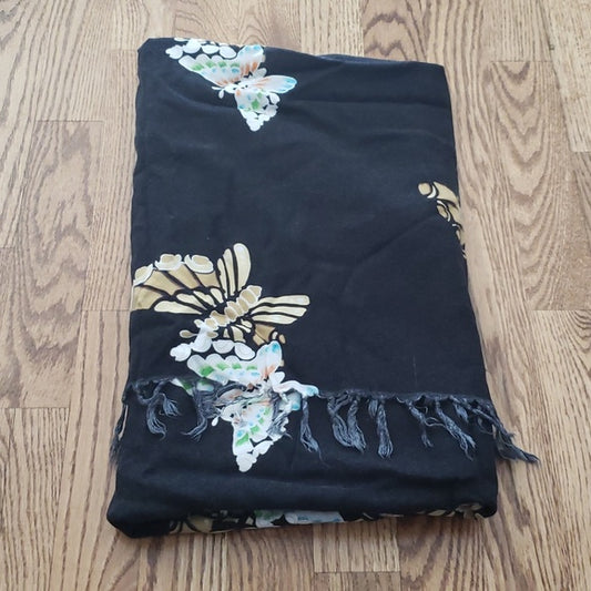 (OS) Floral Print Fringe Butterfly Scarf Accessories Accents Staple Soft Casual