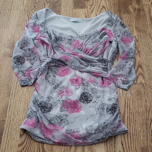 (S) Ricki's Floral Print Sheer Overlay Ruched Flattering Square Neck Top