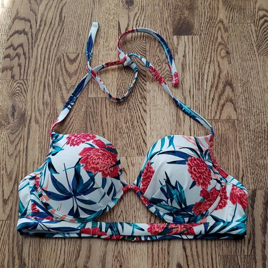 (M) Tropical Floral Colorful Palm Print Classic Fit Bikini Top Vacation Beach