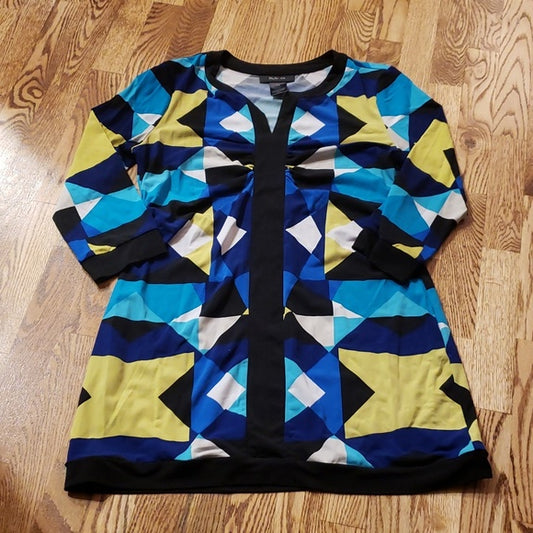 (M) Style & Co. Geometric Print Colorful Tunic Style Long Top Notch Neck