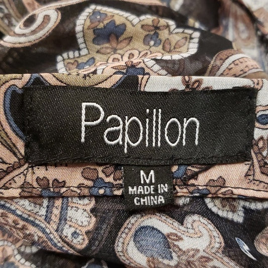 (M) Papillon Blanc Paisley Print Sheer Long High Low Hem Business Casual Office