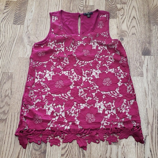 (M) Cupio Floral Lace Overlay Back Keyhole Cutout Tank Top Soft Casual